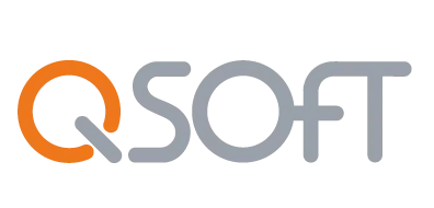 Logotipo da empresa QSOFT em cinza e laranja